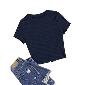 SHEIN Pre-Owned Faded Black Lettuce Trim Crew Neck T-Shirt Sz L